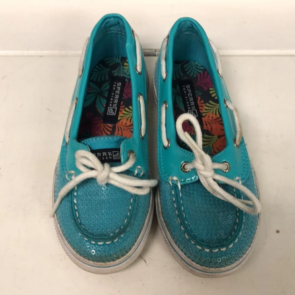 Sperry Top Sider Biscayne 1 Eye Aqua Sparkle Loafer Moccasin boat shoes Girls 11
